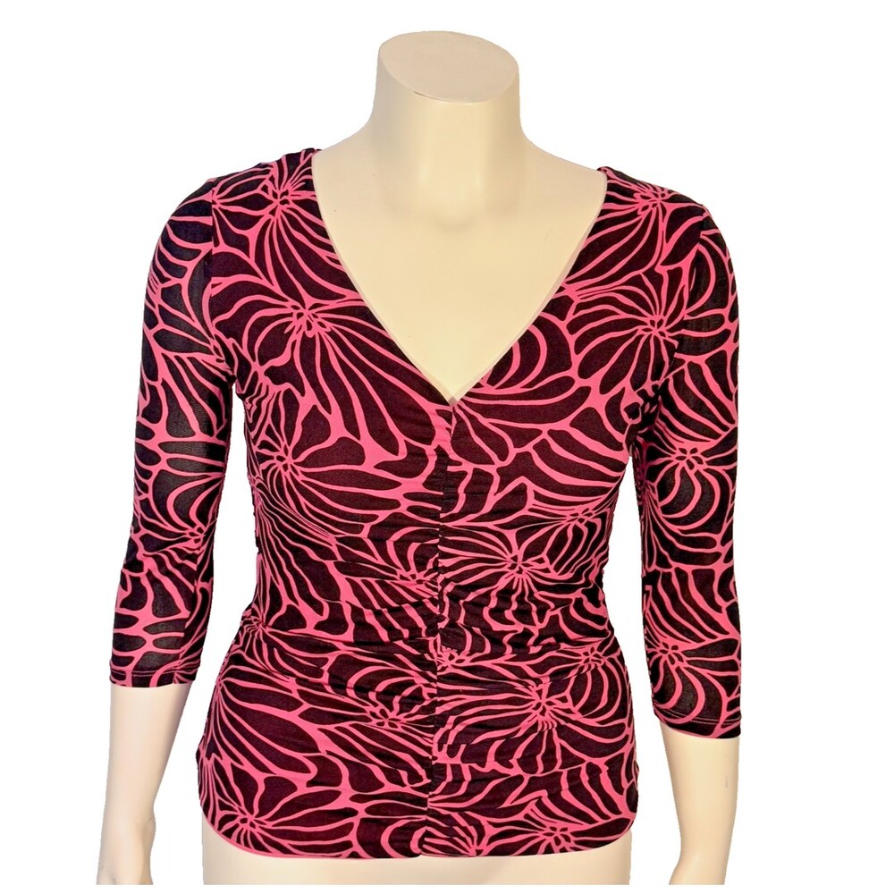 INC Mesh Blouse Women's M Pink Black Traced Floral V-Neck 3/4 Sleeve